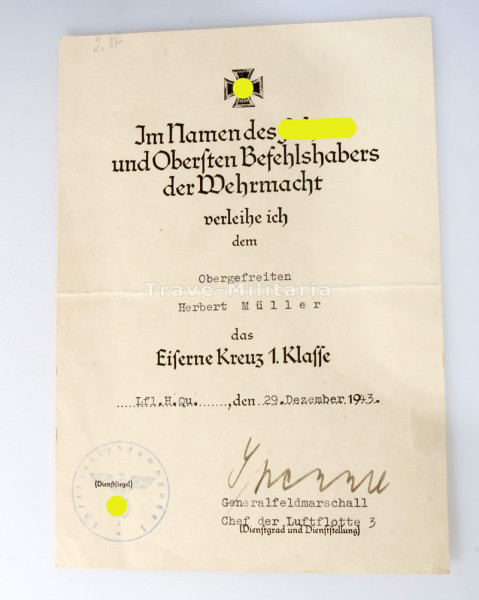 Urkunde Eisernes Kreuz 1. Klasse Müller Luftflotte 3