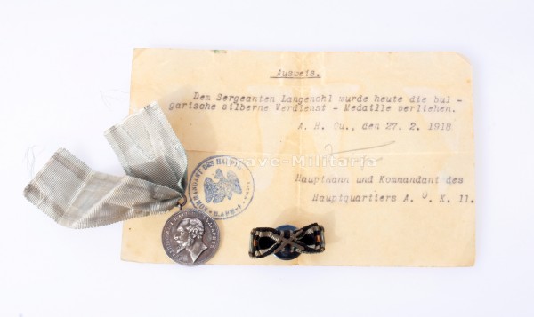 Bulgarien - Silberne Verdienstmedaille mit Bescheinigung 1918