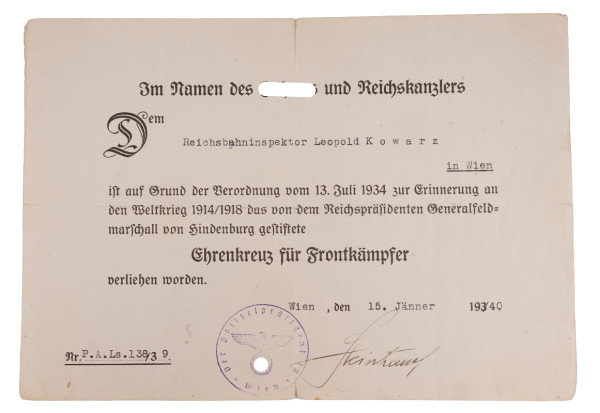 Urkunde Ehrenkreuz für Frontkämpfer Kowarz in Wien