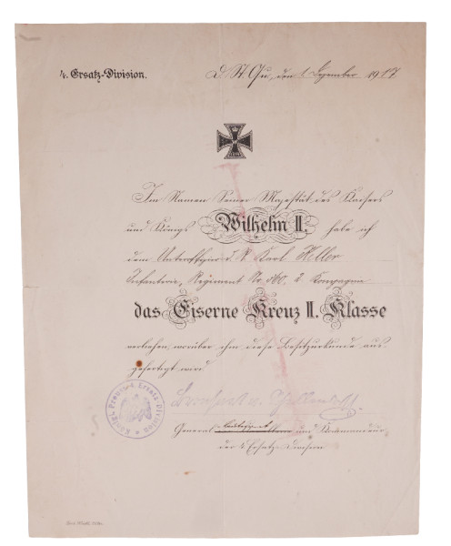 Urkunde Eisernes Kreuz 2. Klasse Keller Infanterie-Regiment Nr. 360