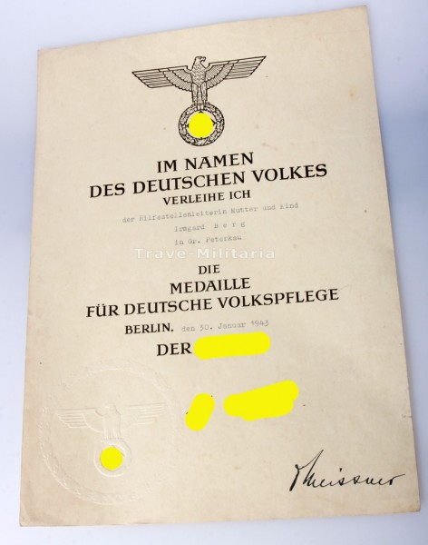 Urkunde Medaille für Deutsche Volkspflege Berg Gr. Peterkau