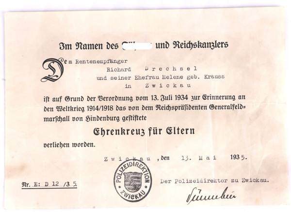 Urkunde Ehrenkreuz für Eltern Drechsel, Zwickau