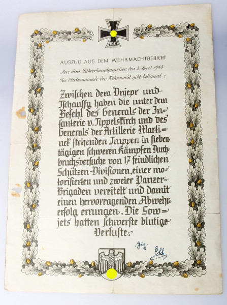 Auszug aus dem Wehrmachtsbericht 3. April 1944