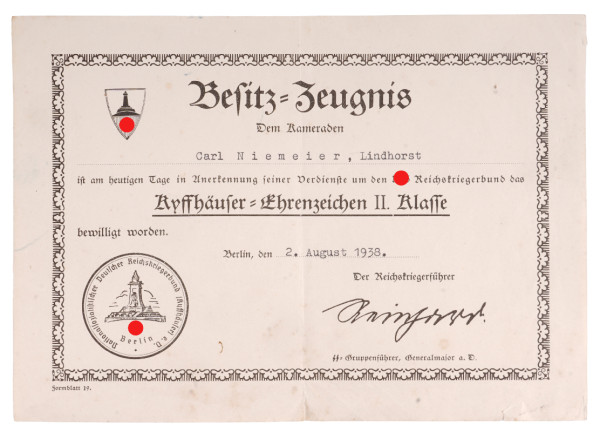 Besitzzeugnis Kyffhäuser-Ehrenzeichen II. Klasse Niemeier