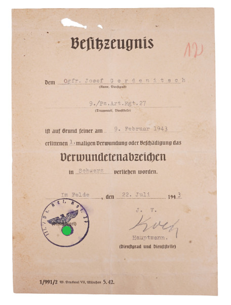 Besitzzeugnis Verwundetenabzeichen in Schwarz Gerdenitsch Pz. Art. Rgt. 27
