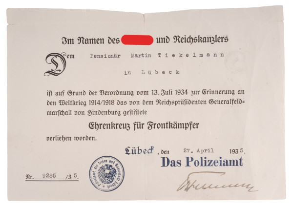 Urkunde Ehrenkreuz für Frontkämpfer Tiekelmann Lübeck