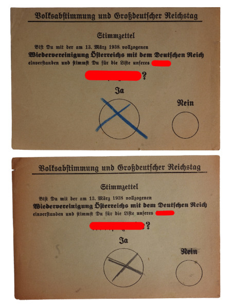 2 Stimmzettel Volksabstimmung Wiedervereinigung Österreichs mit dem Deutschen Reich