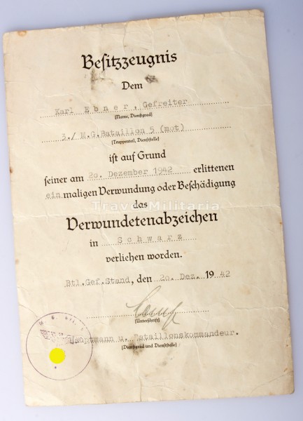 Besitzzeugnis Verwundetenabzeichen in Schwarz Ebner M.G. Bataillon 5 (mot)