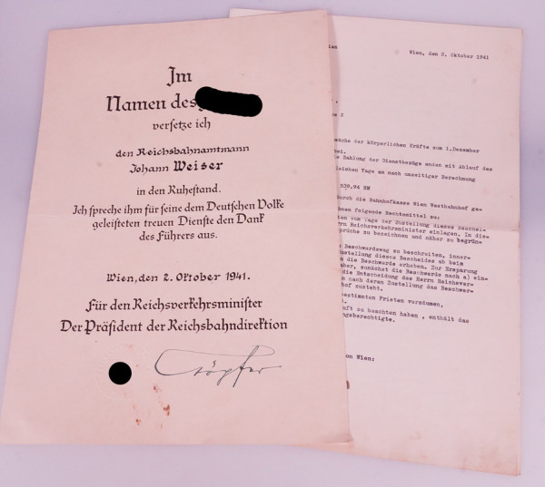 Ruhestandsurkunde Reichsbahnamtmann Johann Weiser 1941