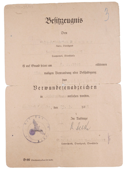 Besitzzeugnis Verwundetenabzeichen in Schwarz Bacher Luftkriegsschule 5