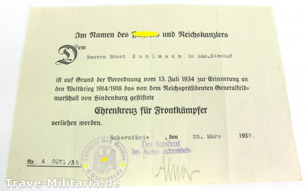 Urkunde zum Ehrenkreuz für Frontkämpfer