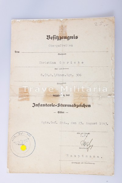 Besitzzeugnis Infanterie-Sturmabzeichen in Silber