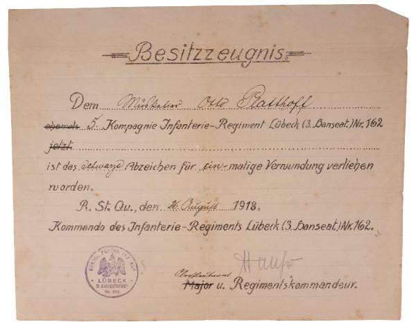 Besitzzeugnis Verwundetenabzeichen in Schwarz 1918 Platthoff