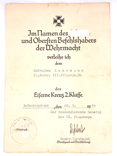 Urkunde Eisernes Kreuz 2. Klasse Lehrmann Flakrgt.36
