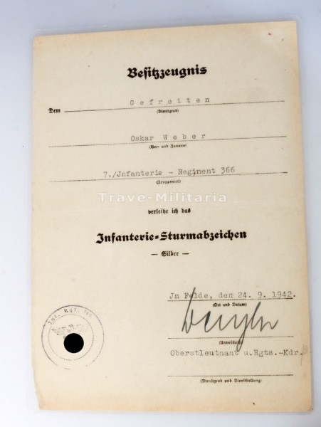 Besitzzeugnis Infanterie-Sturmabzeichen in Silber Weber I.R. 366