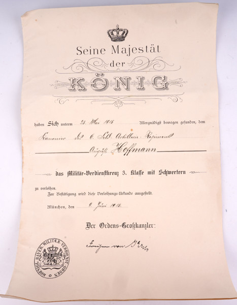 Urkunde Bayern Militär-Verdienstkreuz 3.Klasse mit Schwertern Hoffmann