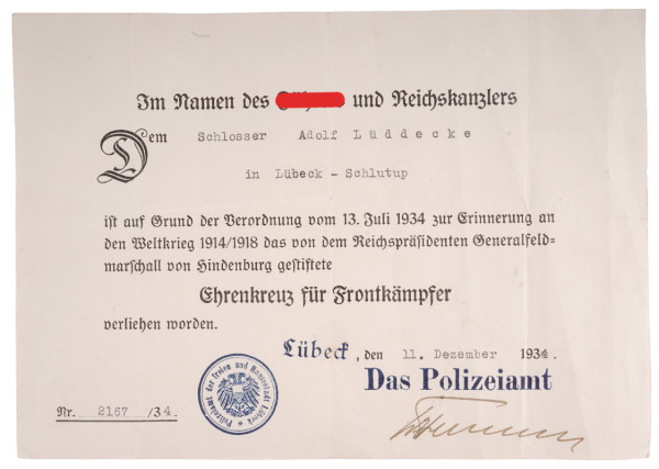 Urkunde Ehrenkreuz für Frontkämpfer Lüddecke
