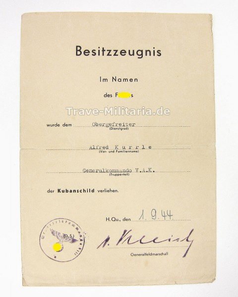 Urkunde zum Kubanschild Generalkommando V.A.K.