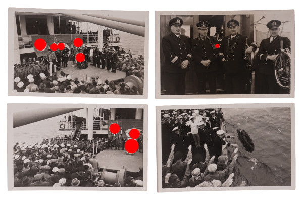 4 Postkartenfotos SA/SS-Führer an Board eines Kriegsschiffes