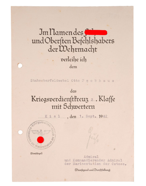 Urkunde Kriegsverdienstkreuz 2. Klasse mit Schwertern Peckhaus