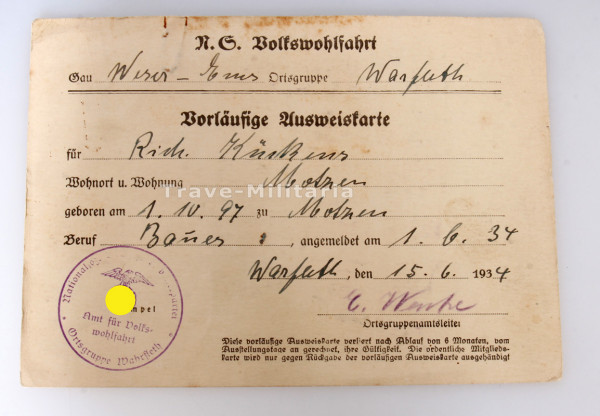 NS Volkswohlfahrt Vorläufige Ausweiskarte Kückens Gau Weser-Ems