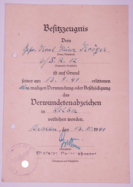 Besitzzeugnis Verwundetenabzeichen in Silber, Kröger S.R.12