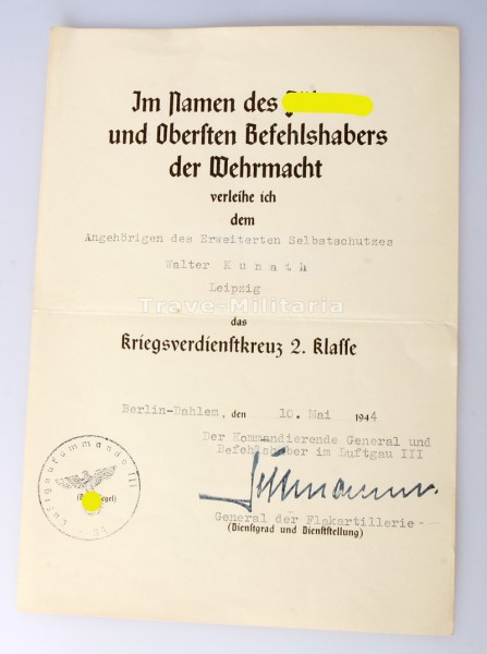 Urkunde Kriegsverdienstkreuz 2. Klasse 1939 Angehörigen des Erweiterten Selbstschutzes Kunath
