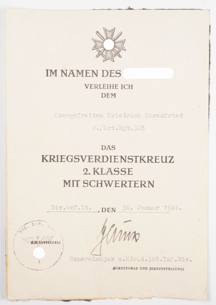 Urkunde Kriegsverdienstkreuz 2.Klasse mit Schwertern Art. Rgt.305