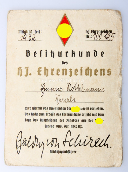 Besitzurkunde HJ-Ehrenzeichen gold Emma Nottelmann