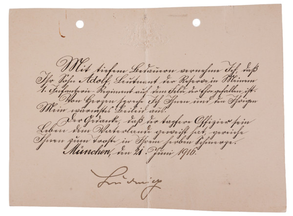 Beileidskarte über gefallenen Leutnant von Bayern