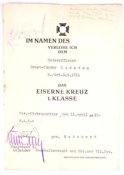Urkunde Eisernes Kreuz 1. Klasse Karsten Art. Rgt. 1711