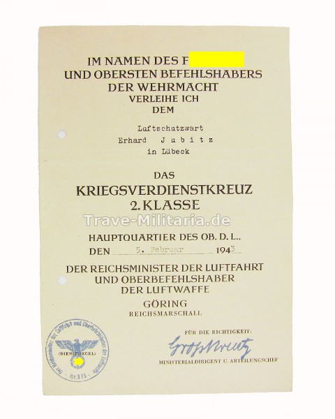 Urkunde Kriegsverdienstkreuz 2. Klasse