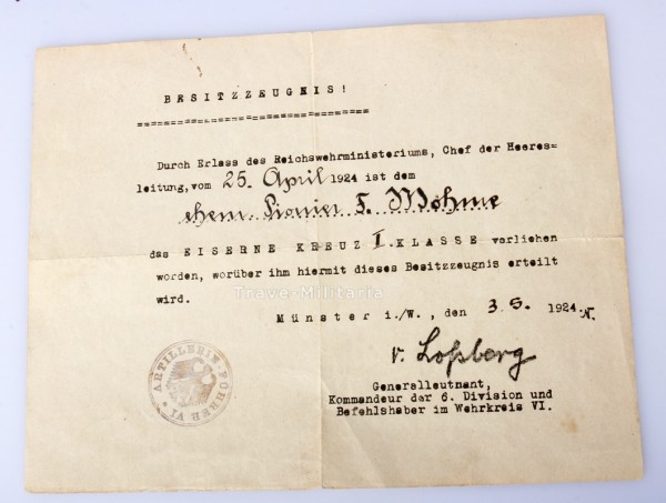 Besitzzeugnis Eisernes Kreuz 1. Klasse ehem. Pionier Möhme 1924