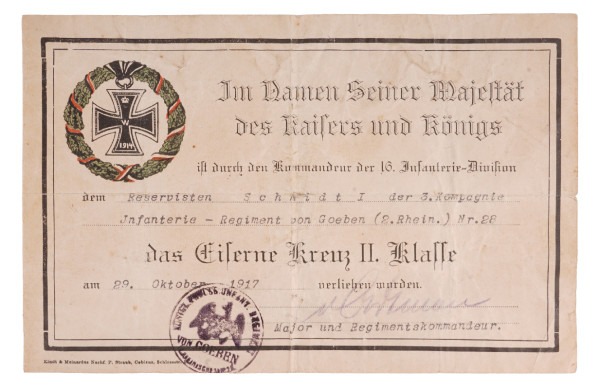 Urkunde Eisernes Kreuz 2.Klasse Schmidt I. Inf.-Regt. von Goeben Nr. 28