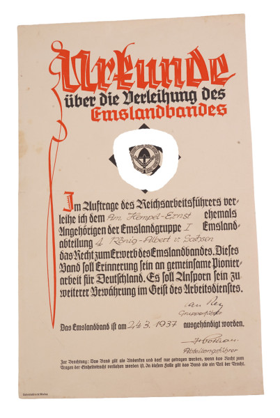 Urkunde über Verleihung des Emslandbandes Hempel, Emslandabt. 4