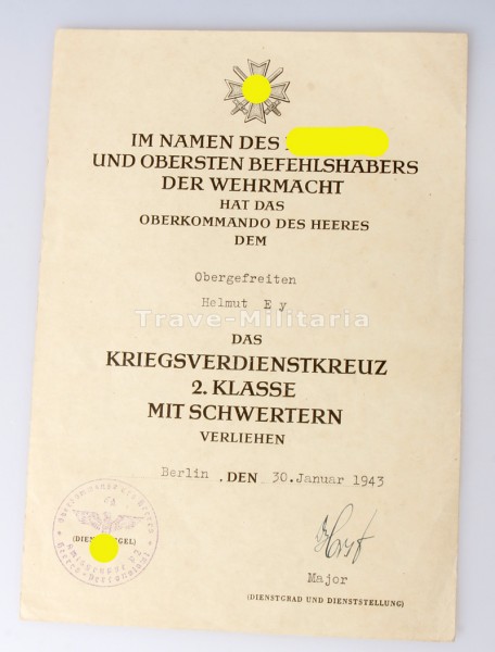 Urkunde Kriegsverdienstkreuz 2. Klasse mit Schwertern 1939