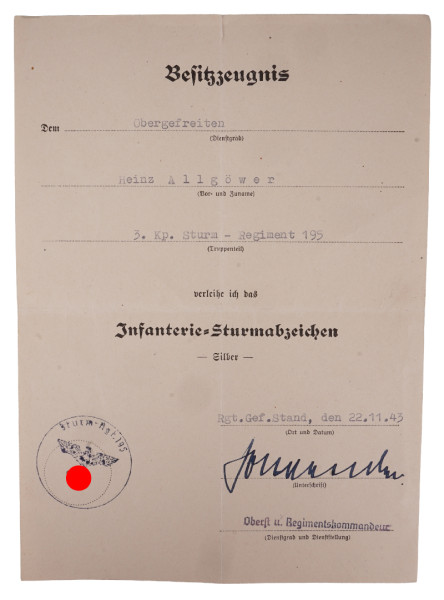Besitzzeugnis Infanterie-Sturmabzeichen in Silber Sturm-Regiment 195
