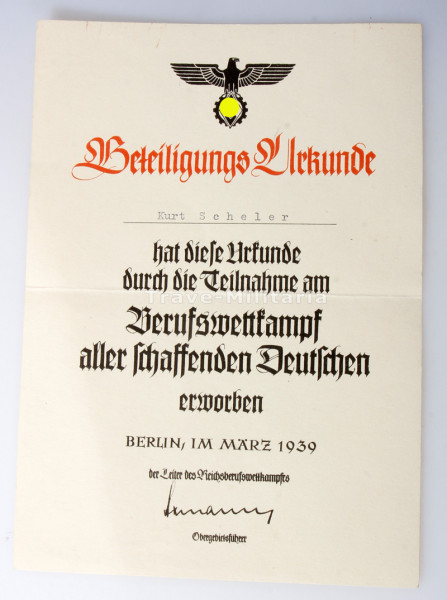 Beteiligungs- Urkunde Reichsberufswettkampf 1939 Kurt Scheler