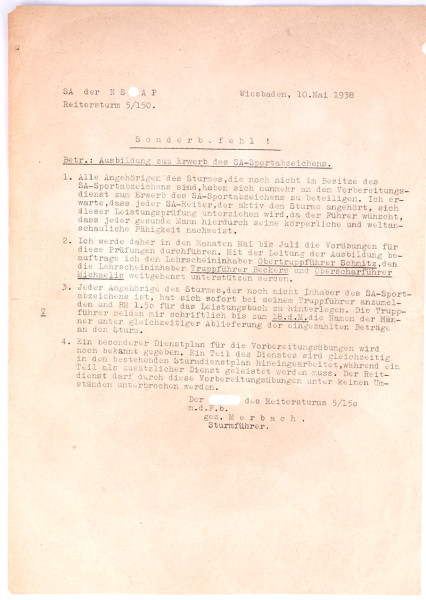 Sonderbefehl SA Reitersturm 5/150 1938