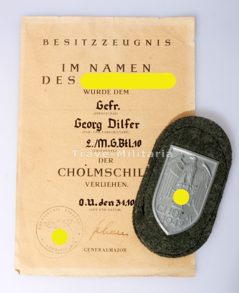 Cholmschild mit Urkunde Dilfer M.G.Btl.10