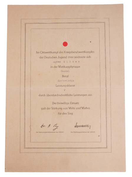 Ortswettkampf des Kriegsberufswettkampfes 1944 Urkunde Klöter
