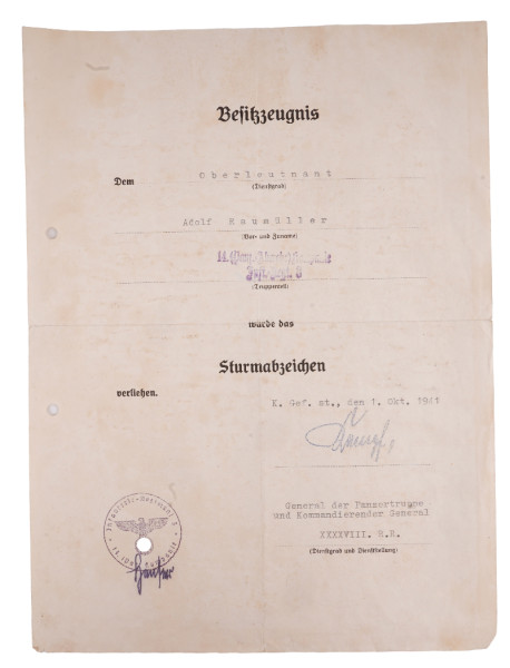 Besitzzeugnis Sturmabzeichen Oberleutnant Raumüller