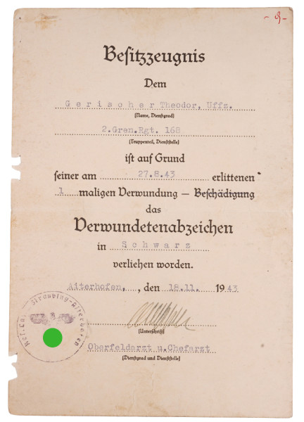 Besitzzeugnis Verwundetenabzeichen in Schwarz Gerischer Gren. Rgt. 168