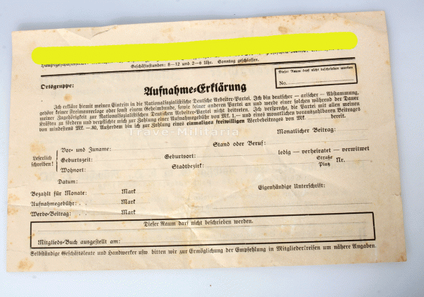NSDAP Aufnahme-Erklärung Blanko