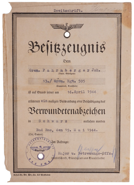 Besitzzeugnis Verwundetenabzeichen in Schwarz Fahrnberger Gren. Rgt. 595