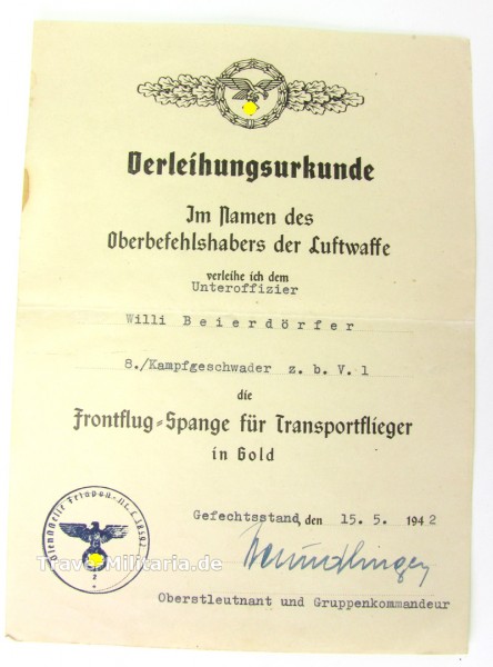 seltene Urkunde zur Frontflug Spange für Transportflieger in Gold