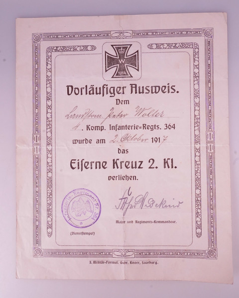 Vorläufiger Ausweis Wolter Infanterie-Regiment 364 E.K.II.