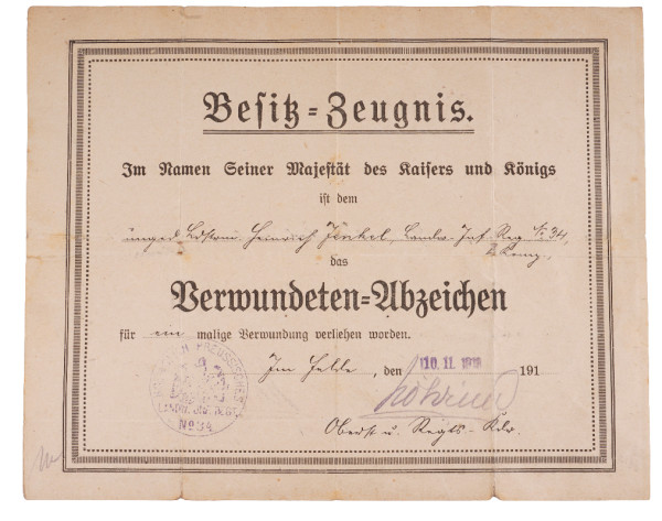 Besitzzeugnis Verwundetenabzeichen in Schwarz Jenkel Landw. I.R.34