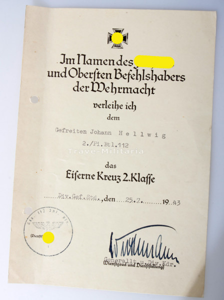 Urkunde Eisernes Kreuz 2. Klasse Hellwig Pi. Btl. 112