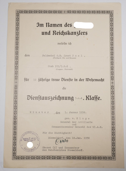 Urkunde Dienstauszeichnung der Wehrmacht 3. u. 4.Klasse I.R.6